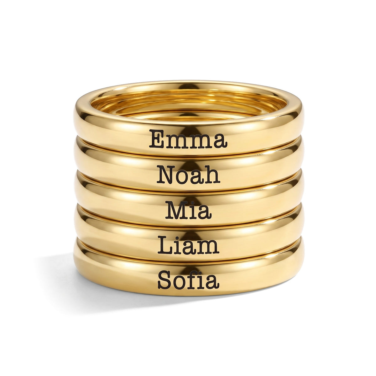 Tunn stapelbar namnring – guld – 5 ringar staplade