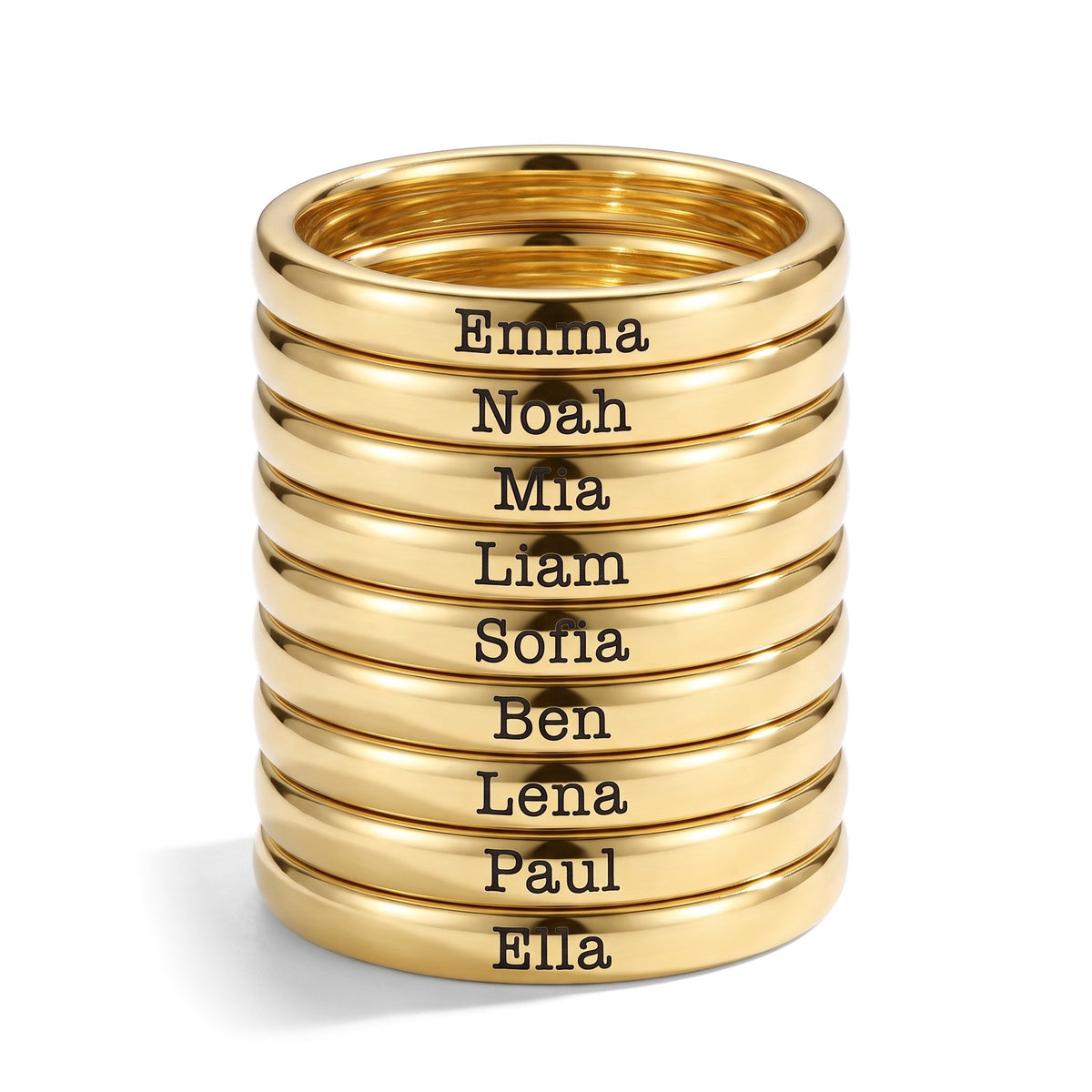 Tunn stapelbar namnring – guld – 9 ringar staplade
