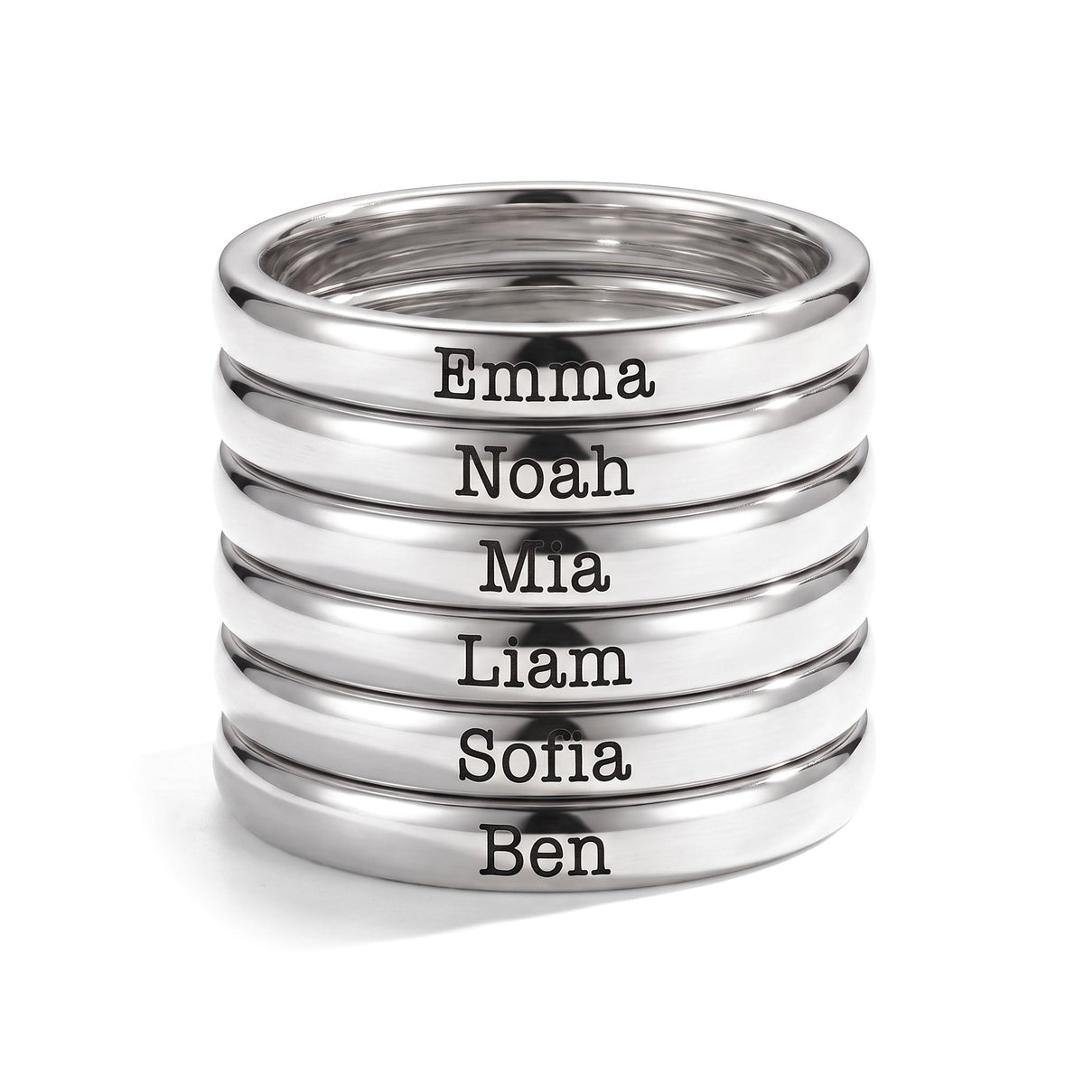 Tunn stapelbar namnring – silver – 6 ringar staplade