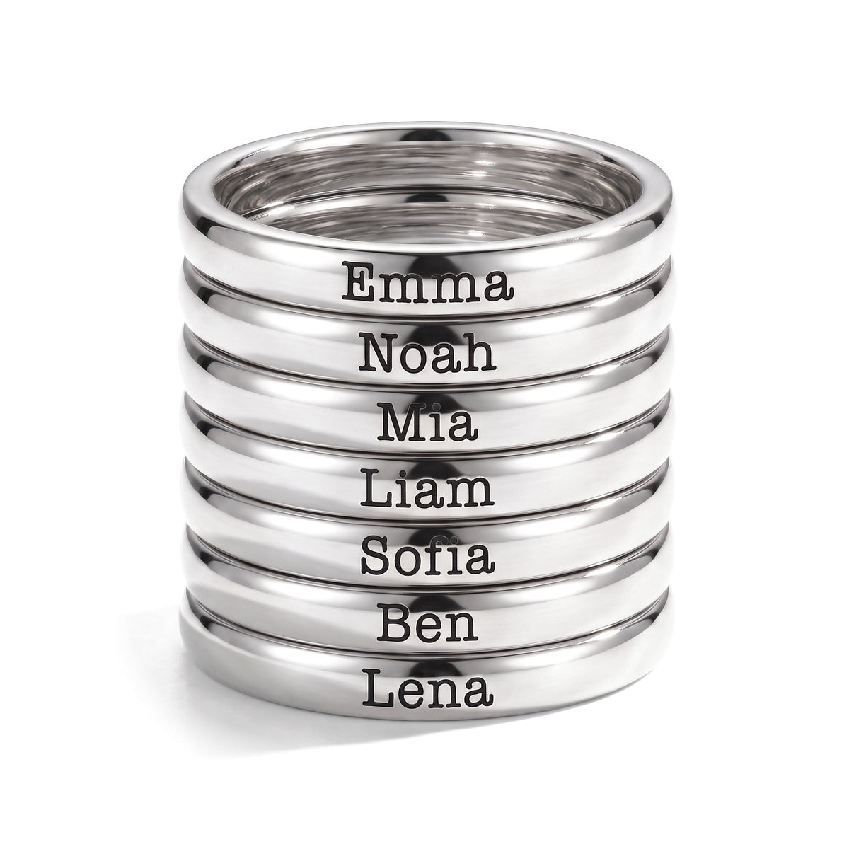 Tunn stapelbar namnring – silver – 7 ringar staplade