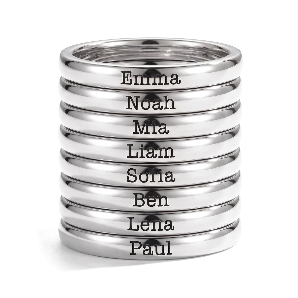 Tunn stapelbar namnring – silver – 8 ringar staplade